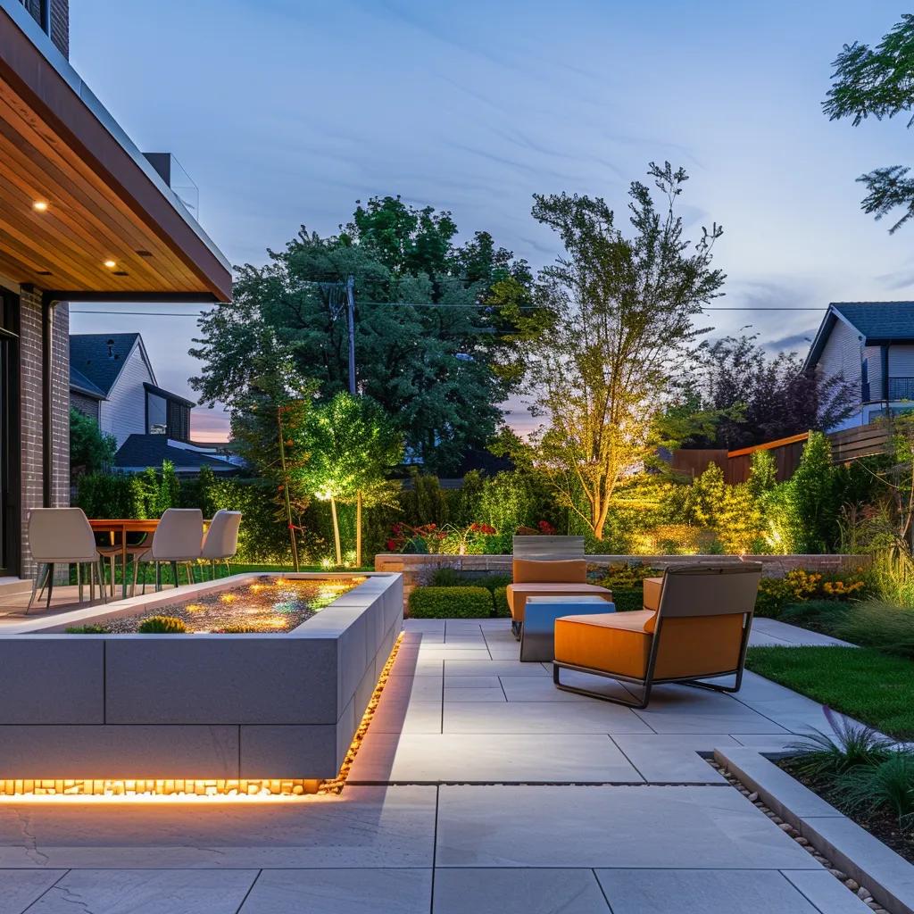 a modern backyard design showcases innovative landscaping concepts with sleek hardscaping, vibrant outdoor furniture, and eye-catching geometric planters under soft artificial lighting, creating an inviting urban oasis.